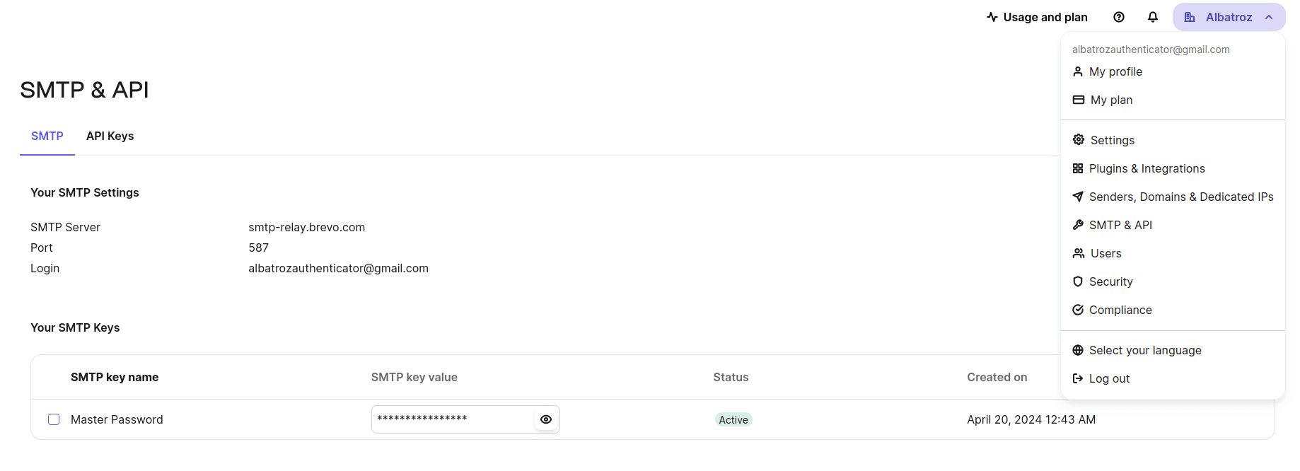 SMTP provider dashboard example